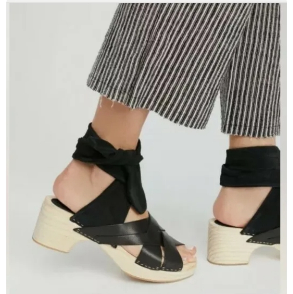 Free People Black Lace-Up Chunky Wooden Platform Sandals Size 10